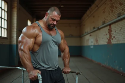 Portrait d'un lutteur de très grande stature dans un gymnase vintage, illustrant les effets physiques du gigantisme sur le corps humain