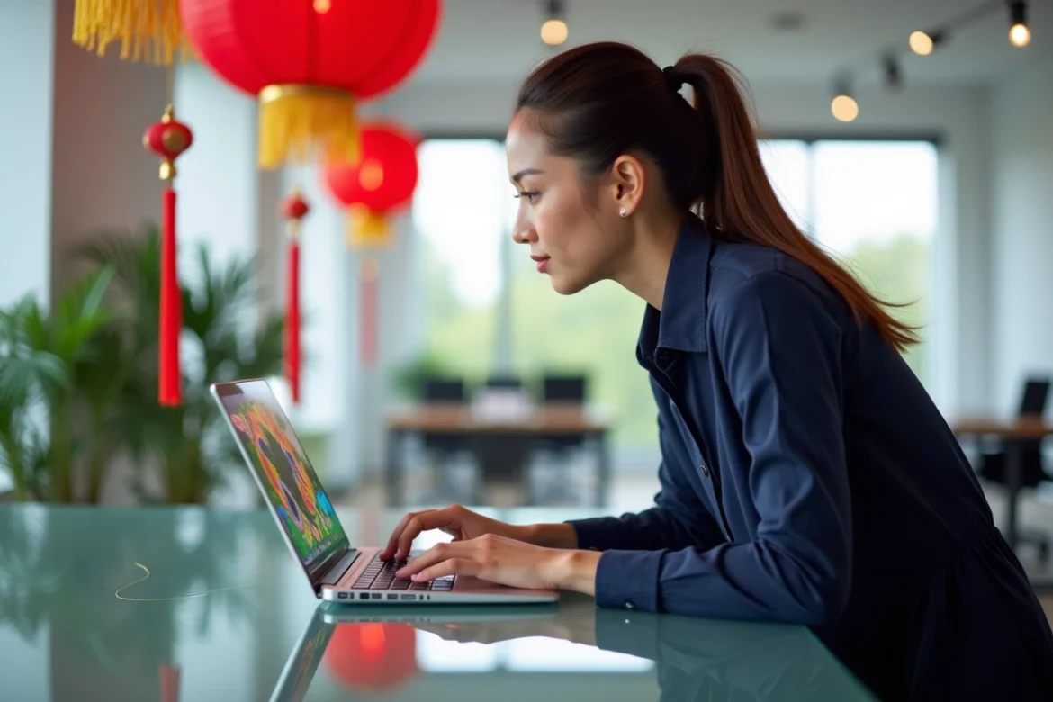 Femme jouant au Google Doodle du Nouvel An du Serpent sur un ordinateur portable dans un espace de travail moderne décoré de lanternes chinoises