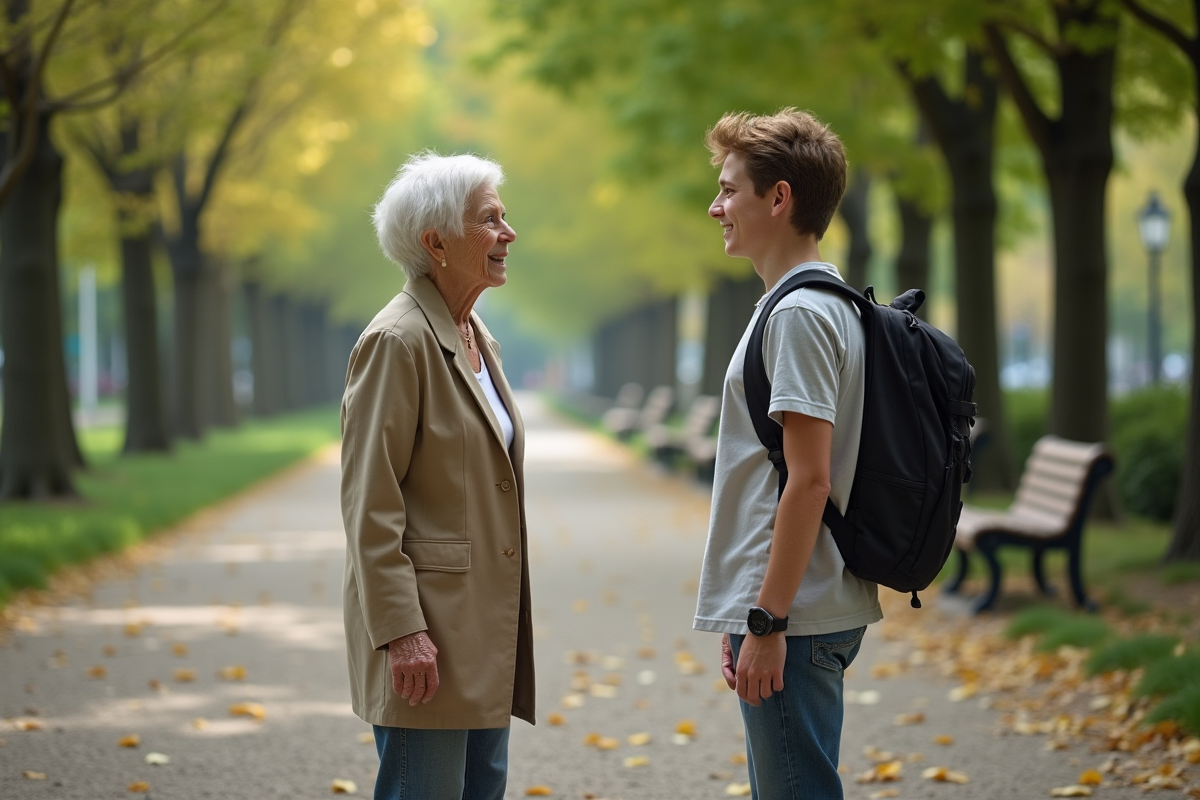 Grand-mère et adolescent discutant dans un parc urbain