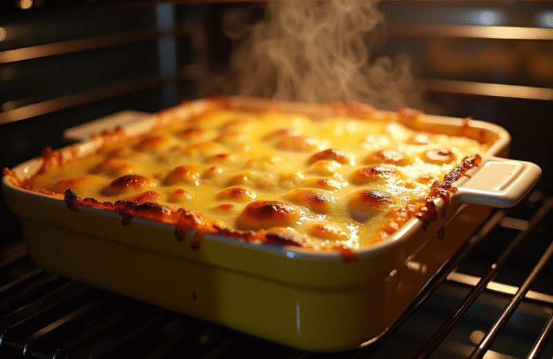 Gratin dauphinois chaud avec fromage fondu et vapeur