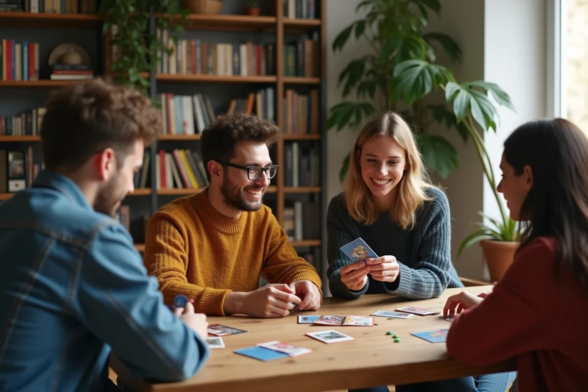 Groupe de quatre amis jouant aux cartes dans un salon chaleureux