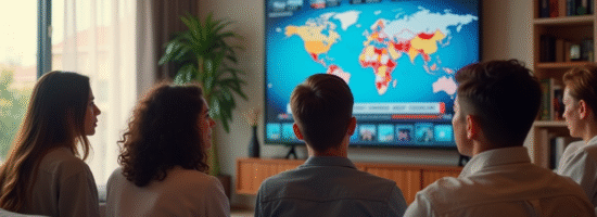 Groupe divers regardant la télévision d'actualités internationales