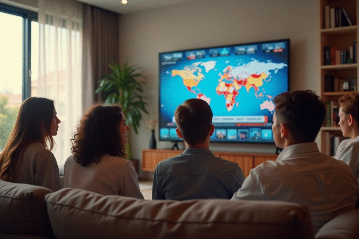 Groupe divers regardant la télévision d'actualités internationales