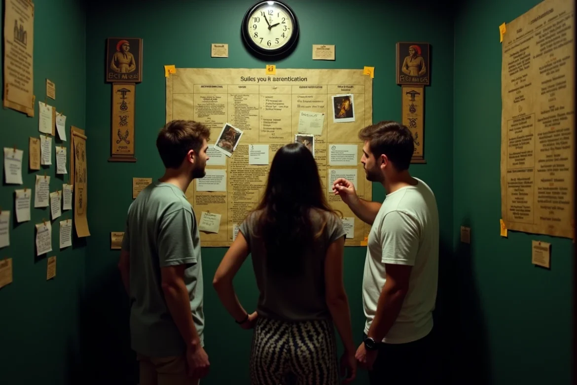 Groupe d'adultes en train de collaborer sur des indices muraux dans un escape room thématique