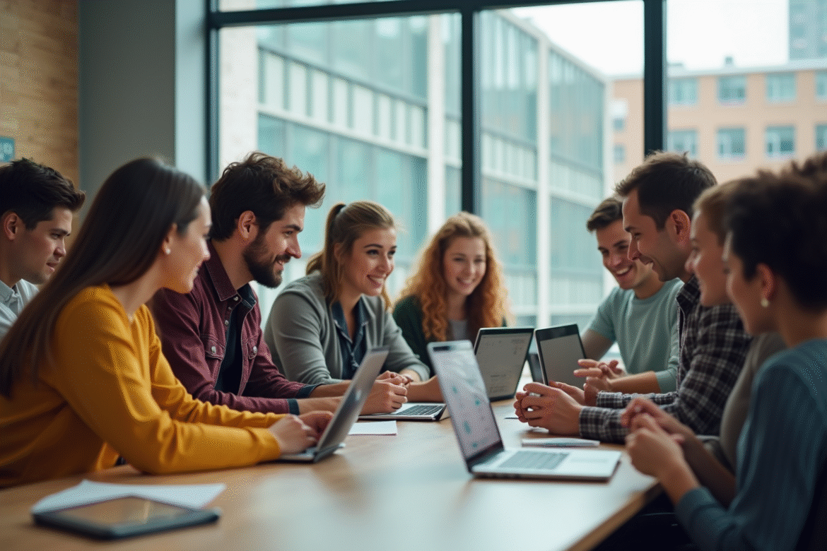 Groupe d'étudiants divers collaborant autour d'une table en classe moderne