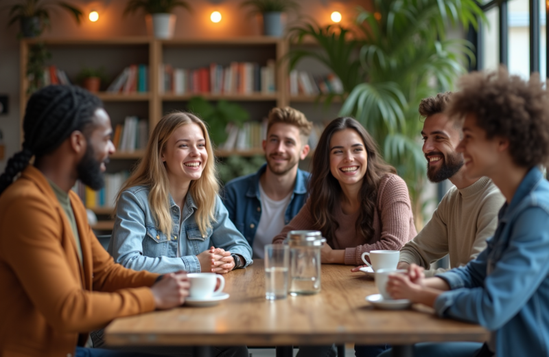 Groupe de jeunes adultes souriants dans un café moderne
