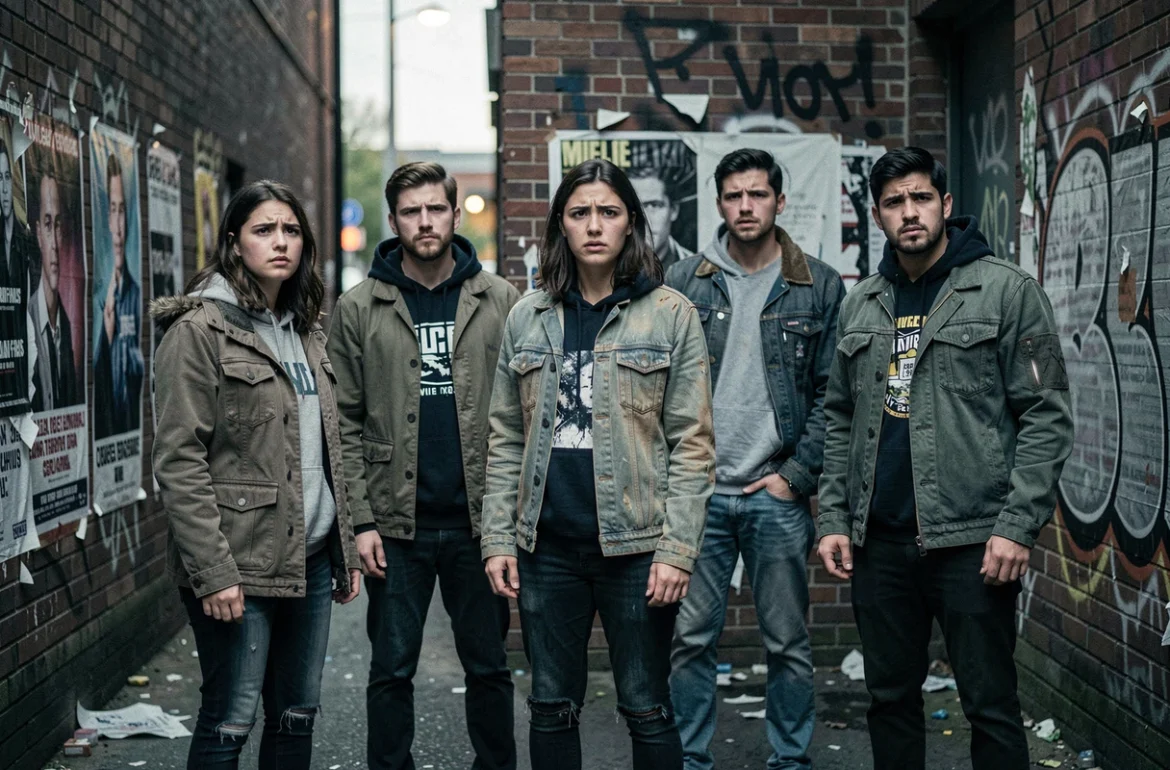Groupe de jeunes adultes méfiants dans une ruelle urbaine dégradée illustrant un monde sans X-Men ni cohésion mutante
