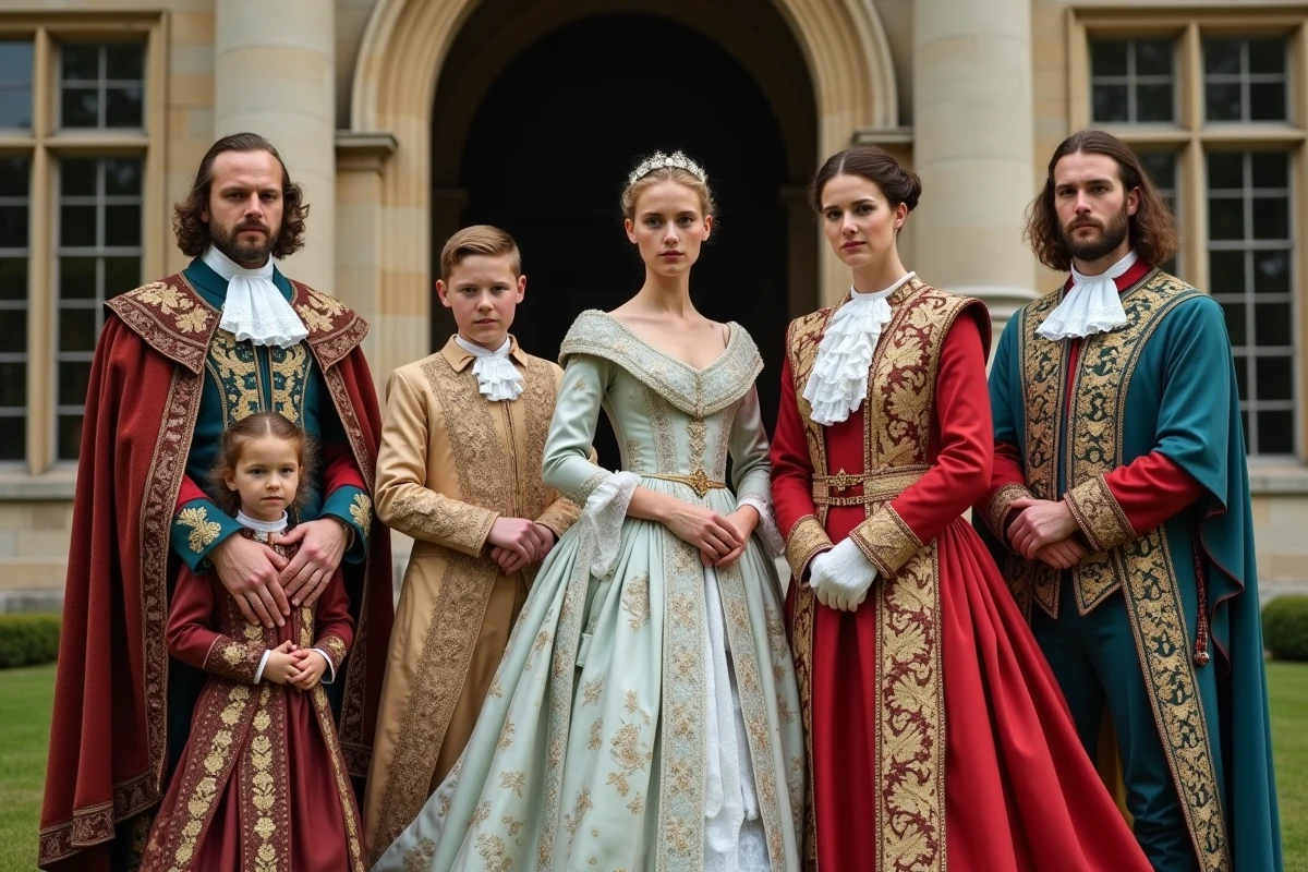 Groupe de figures royales devant un chateau historique