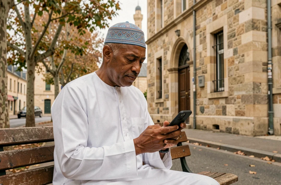 Homme consultant les heures de prière sur son smartphone devant une mosquée à Nantes