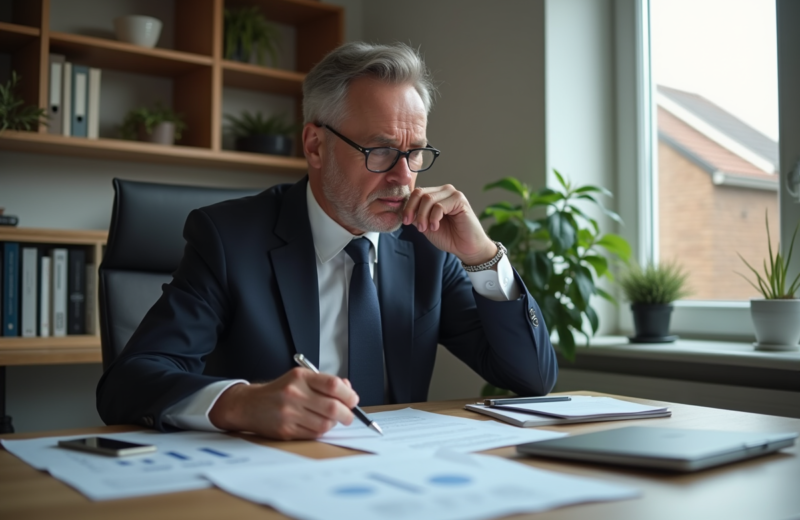 Homme d'affaires étudiant des rapports financiers dans un bureau