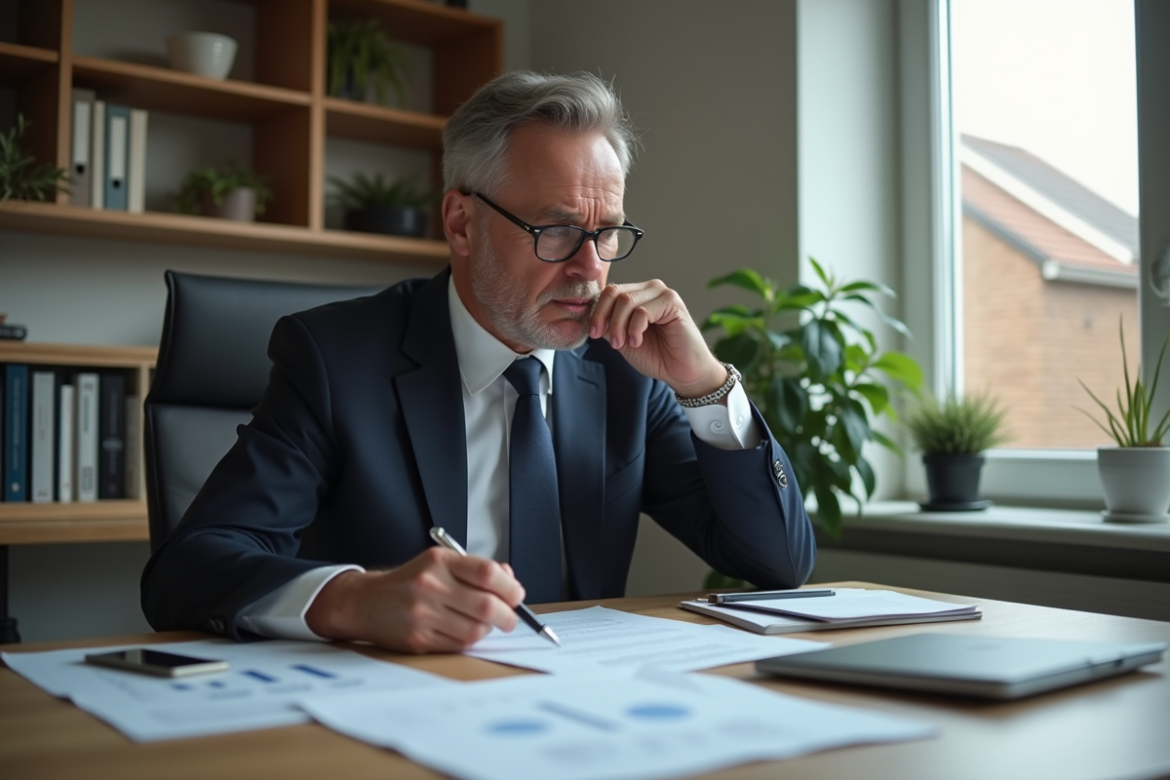 Homme d'affaires étudiant des rapports financiers dans un bureau