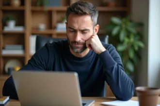 Homme analysant les conditions d'accès à un espace membre en ligne sur son ordinateur portable