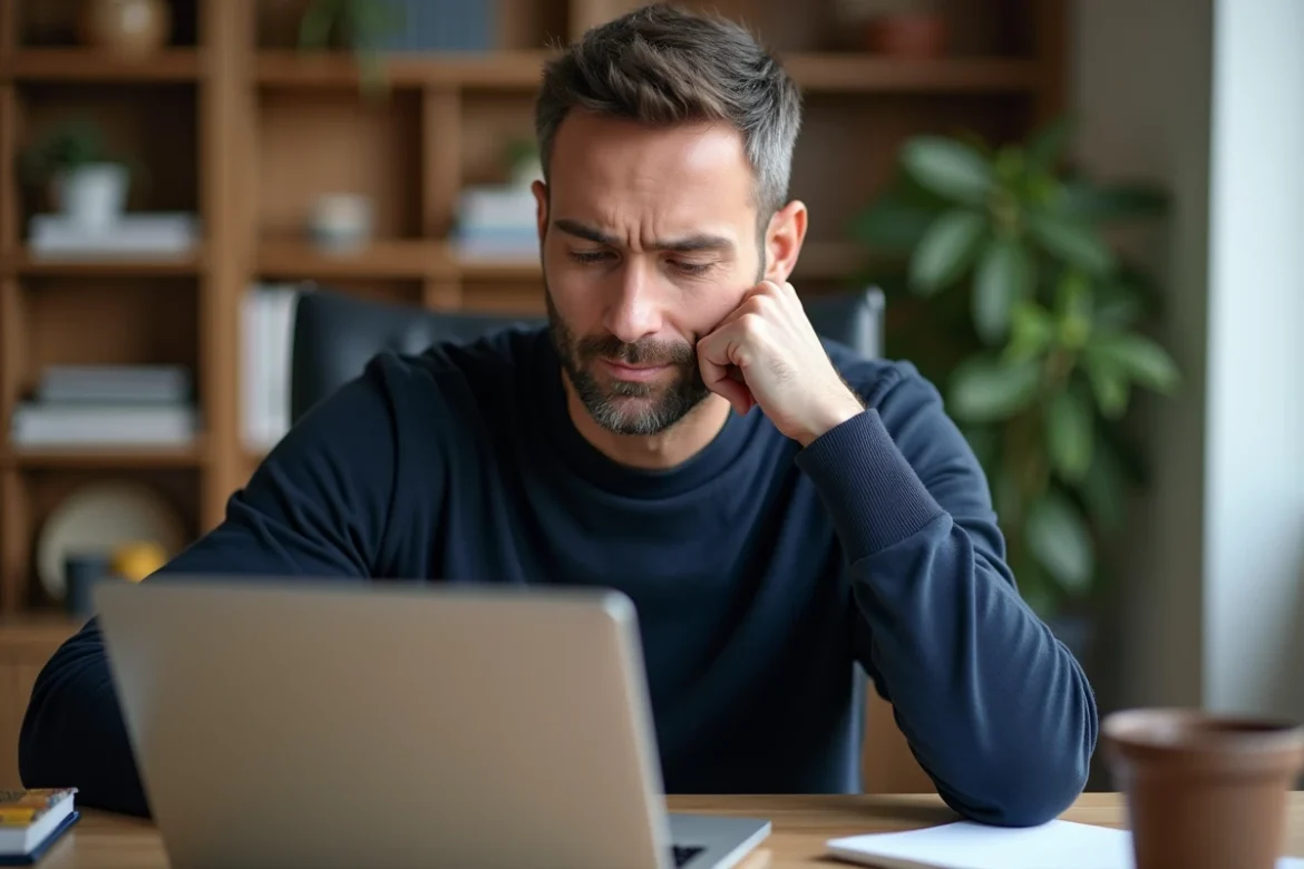 Homme analysant les conditions d'accès à un espace membre en ligne sur son ordinateur portable