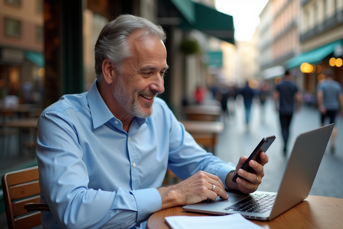 Homme au café utilisant smartphone pour crypto wallet