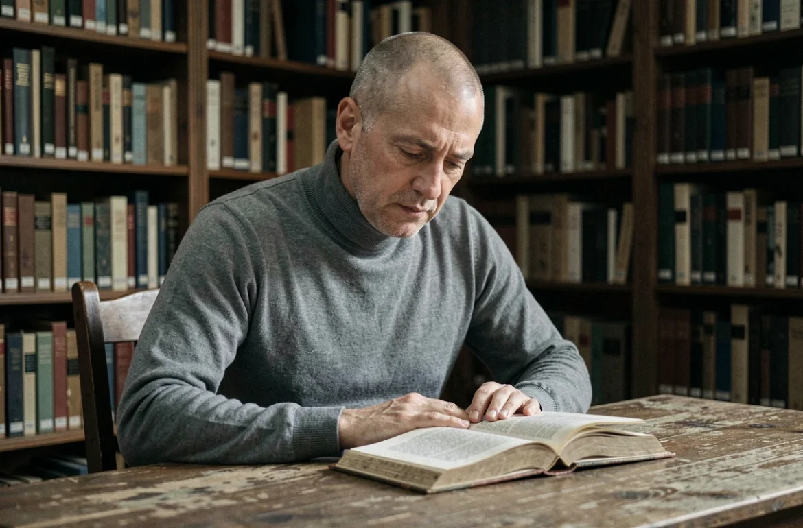 Homme chauve pensif assis seul dans une bibliothèque vieillissante représentant une version alternative et isolée du professeur Xavier