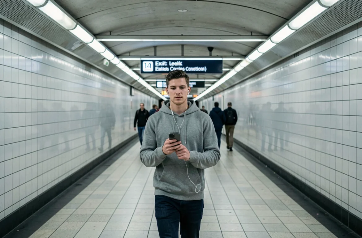 Jeune homme marchant seul dans un couloir du métro ligne 14 à Paris, adoptant les bons réflexes de vigilance en transit