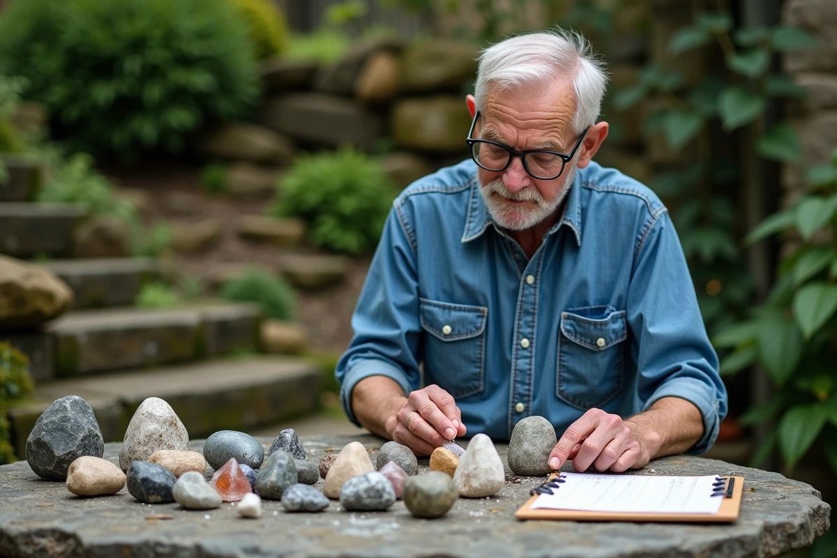 Homme âgé organisant des cristaux dans un jardin naturel