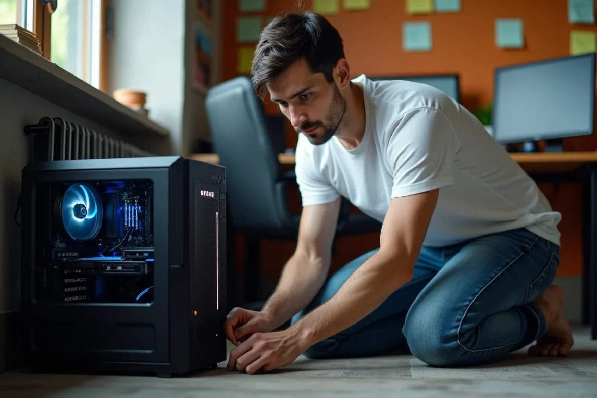 Homme inspectant les câbles de son PC de jeu pour résoudre un problème de mod