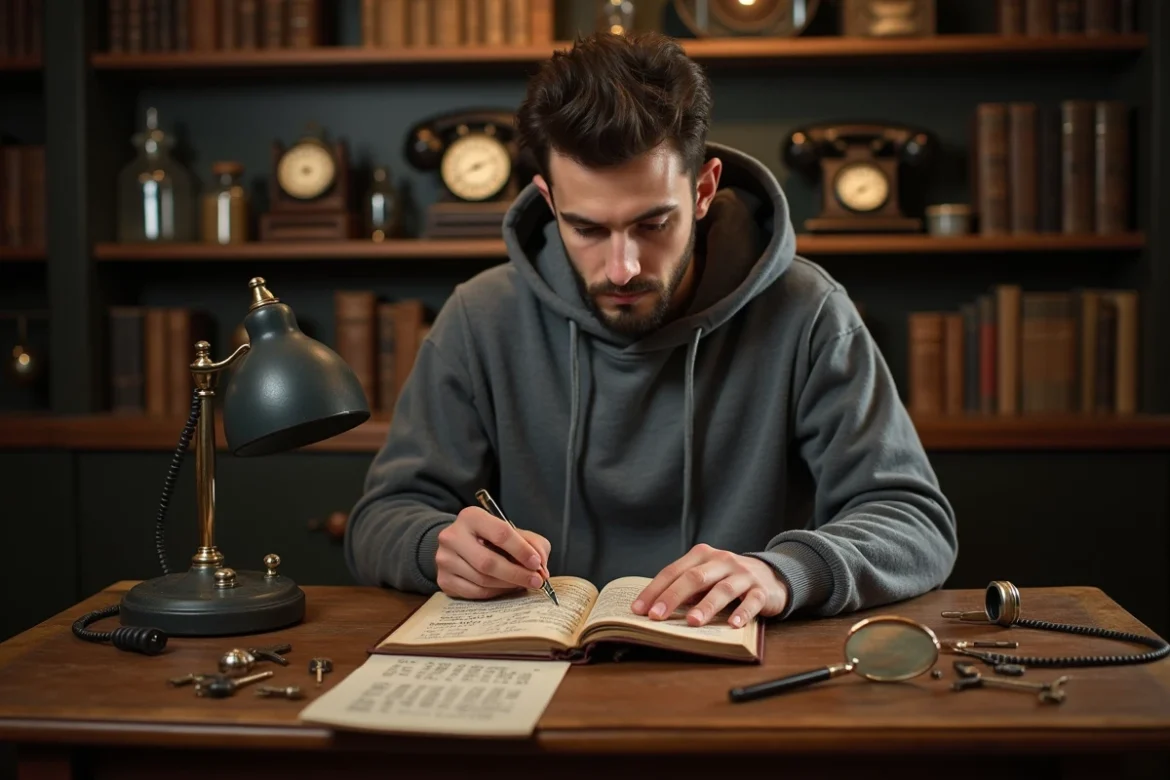 Homme adulte déchiffrant un carnet de codes dans un escape room décoré en bureau de détective vintage