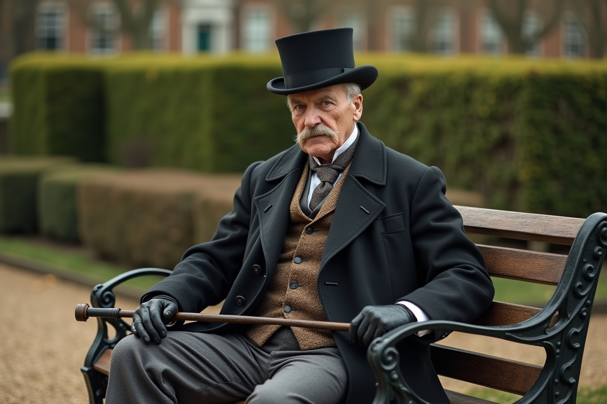 Homme distingué assis dans un jardin public au début du 20e siècle