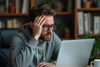 Homme inquiet devant son ordinateur portable regardant une annonce suspecte sur un site de petites annonces