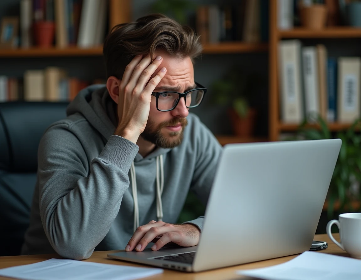 Homme inquiet devant son ordinateur portable regardant une annonce suspecte sur un site de petites annonces