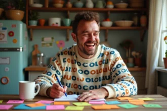 Homme souriant écrivant des mots amusants dans une cuisine chaleureuse