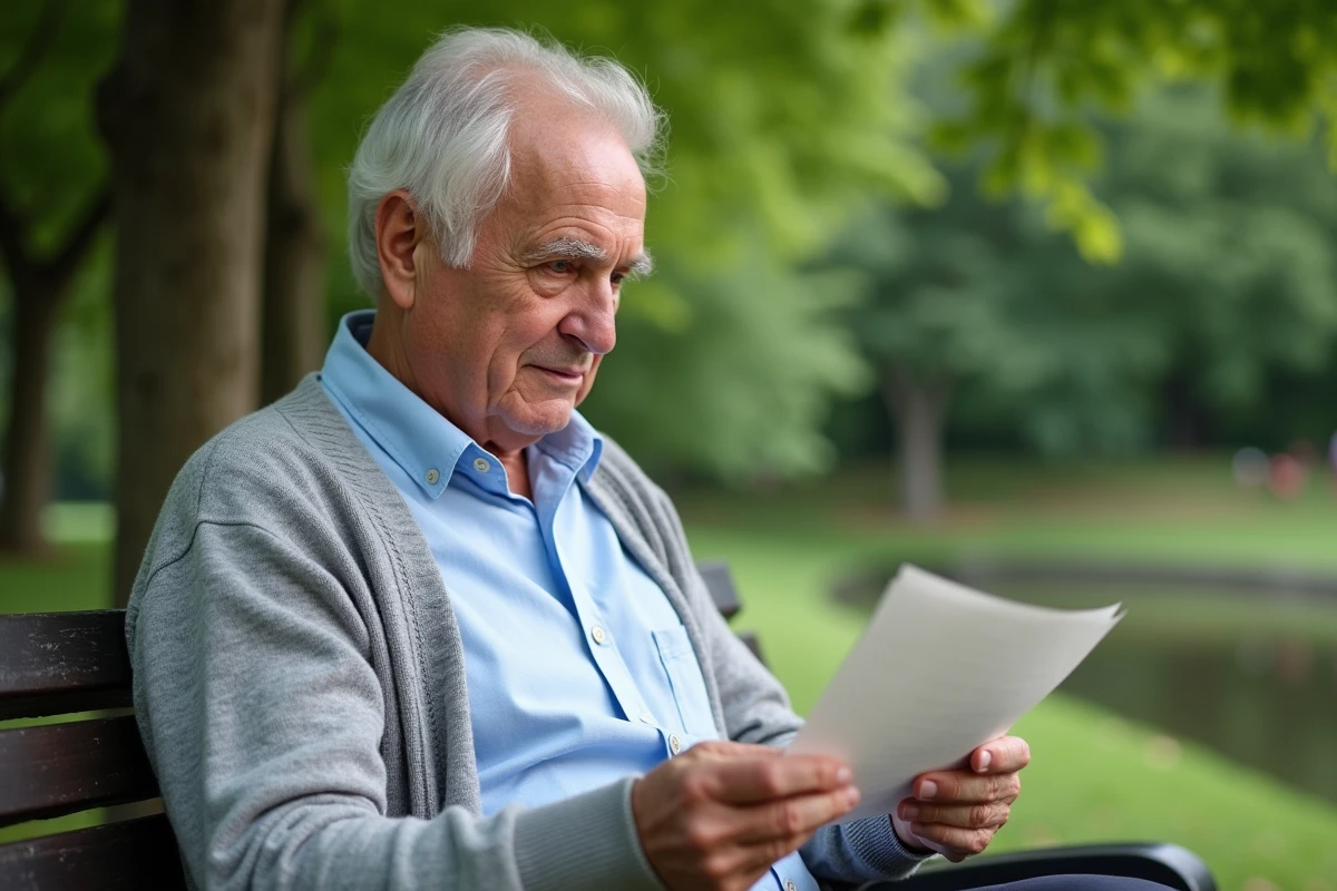 Homme âgé lisant une lettre dans un parc paisible