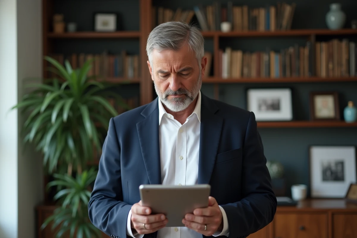 Homme en costume lisant un email sur une tablette