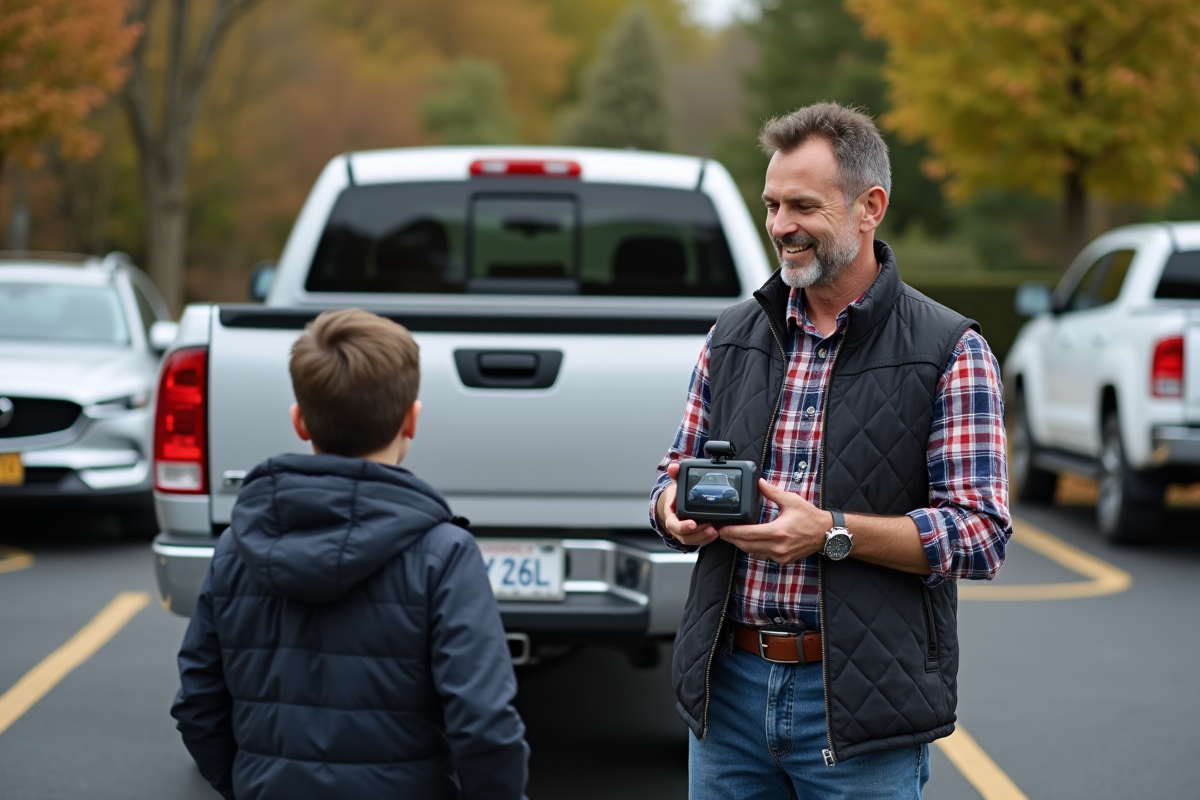 Homme montrant caméra de recul à un enfant dans parking