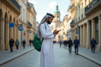 Homme musulman en thobe vérifiant l'heure de prière dans la ville de Valenciennes