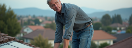 Homme en vêtements décontractés ajuste un panneau solaire sur un toit résidentiel