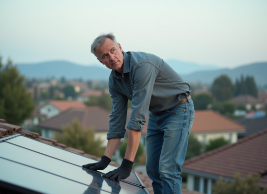 Homme en vêtements décontractés ajuste un panneau solaire sur un toit résidentiel