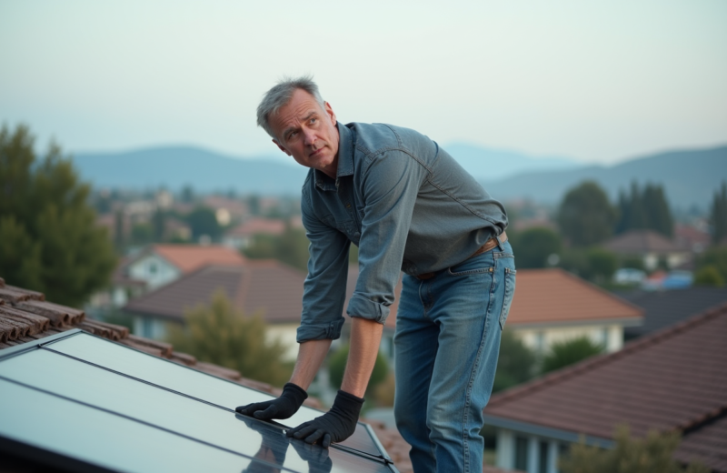 Homme en vêtements décontractés ajuste un panneau solaire sur un toit résidentiel
