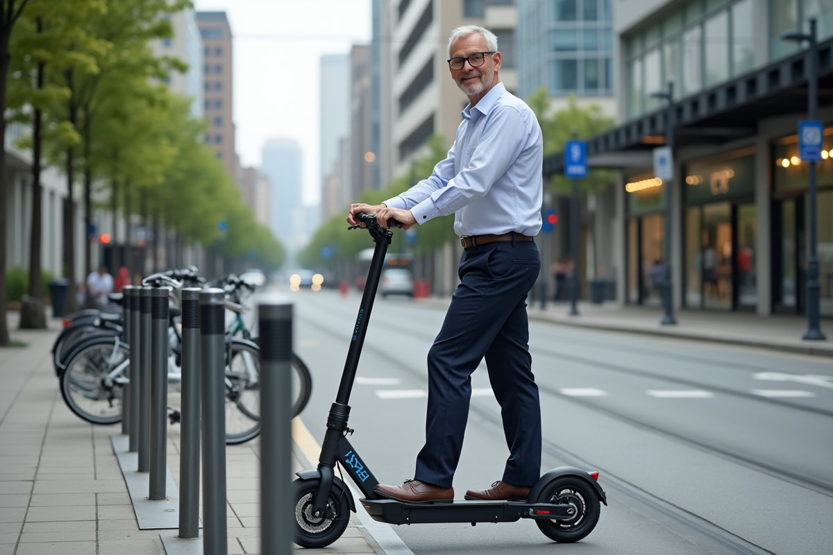 Homme souriant déverrouillant son scooter électrique en ville