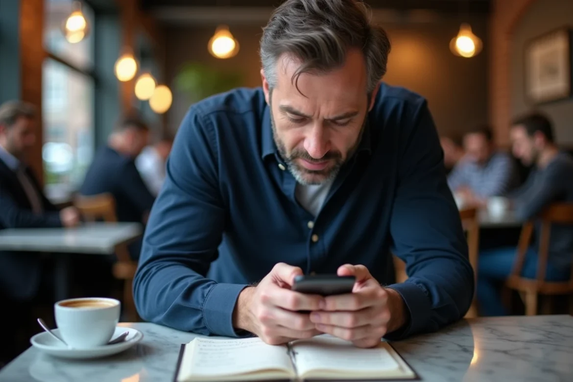 Homme adulte concentré sur une stratégie de jeu sémantique en ligne depuis son smartphone dans un café urbain