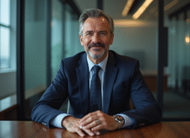 Homme en costume navy à un bureau avec coffre-fort