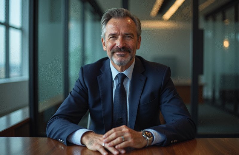 Homme en costume navy à un bureau avec coffre-fort