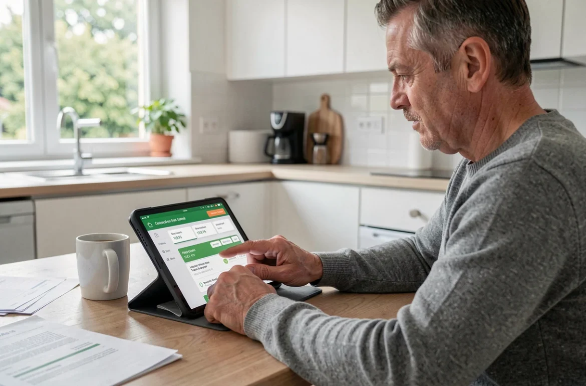 Homme utilisant une tablette numérique pour suivre ses demandes d'aides sociales CGOS depuis sa cuisine