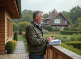Homme d'âge moyen sur la terrasse d'une maison de campagne