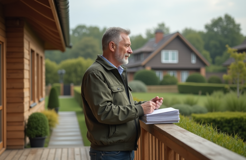 Homme d'âge moyen sur la terrasse d'une maison de campagne