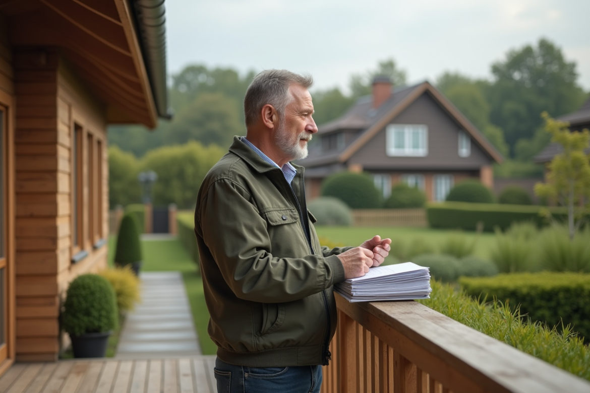 Homme d'âge moyen sur la terrasse d'une maison de campagne