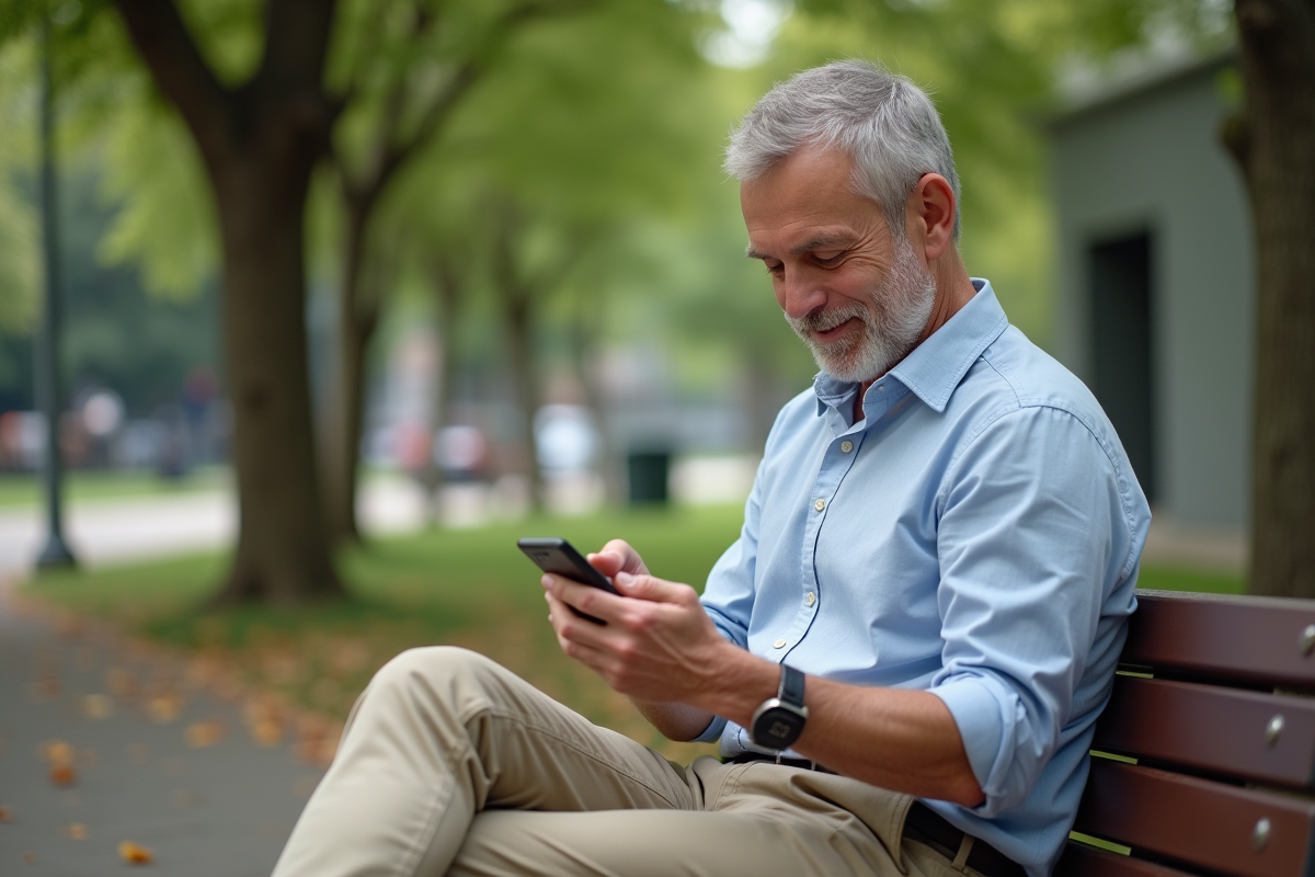 Homme vérifie son application bancaire en plein air