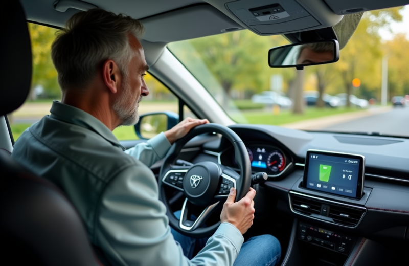 Homme vérifiant le niveau de batterie dans une voiture hybride moderne