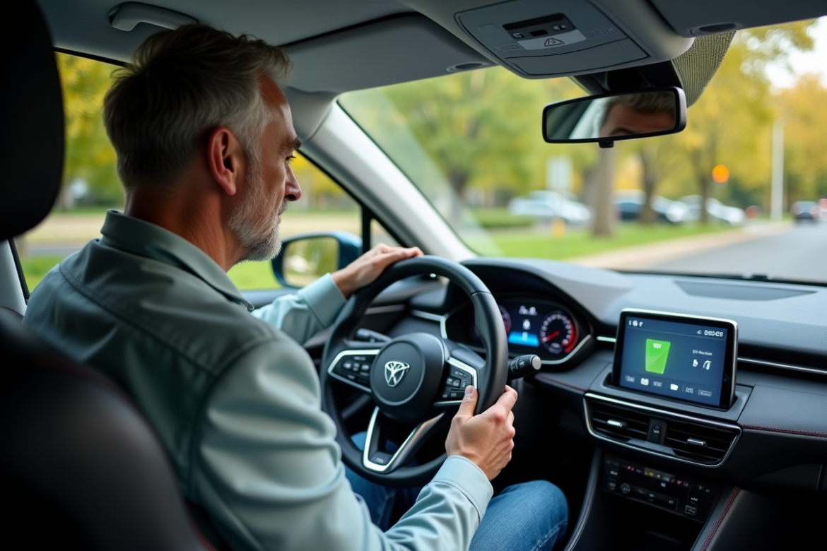 Homme vérifiant le niveau de batterie dans une voiture hybride moderne