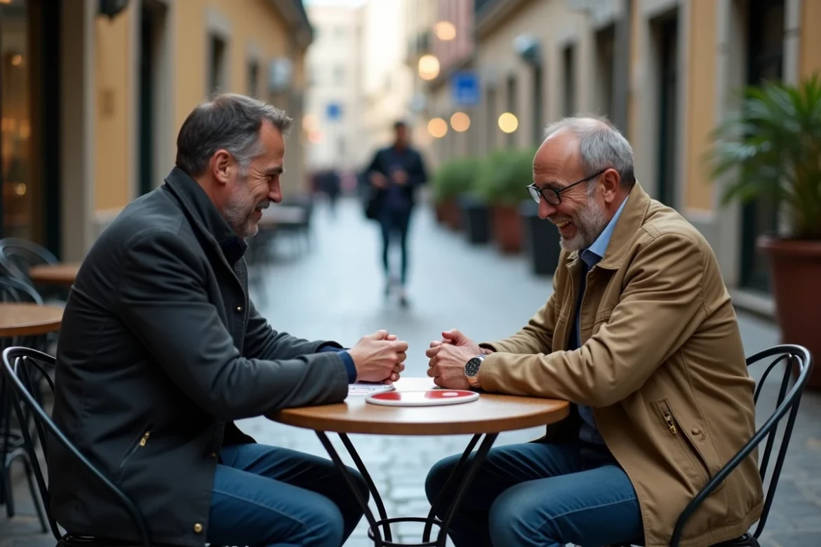 Deux hommes jouant à un jeu de société compact en terrasse de café en vérifiant le temps de jeu