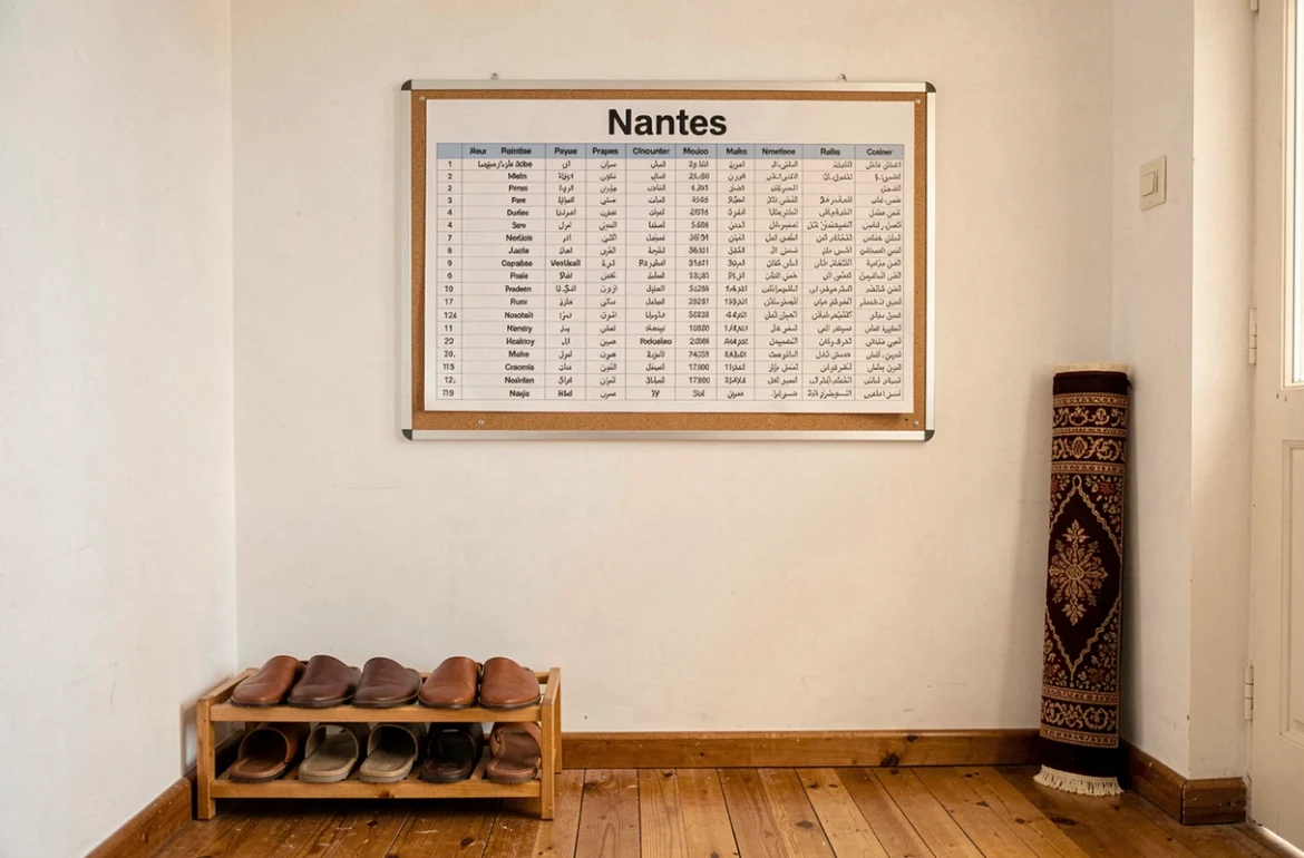 Tableau d'affichage des horaires de prière en français et arabe dans un centre islamique à Nantes