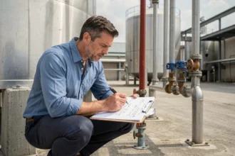 Ingénieur effectuant une conversion de mètres cubes en litres sur un presse-papiers devant un réservoir industriel