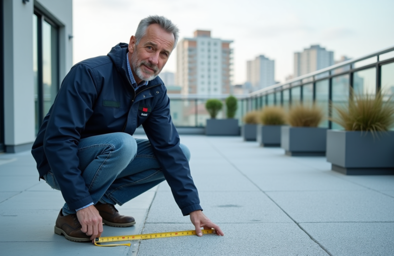 Inspecteur bâtiment mesurant la membrane d'étanchéité sur un toit moderne
