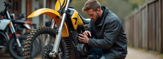 Homme inspectant un moteur de motocross 125cc en extérieur
